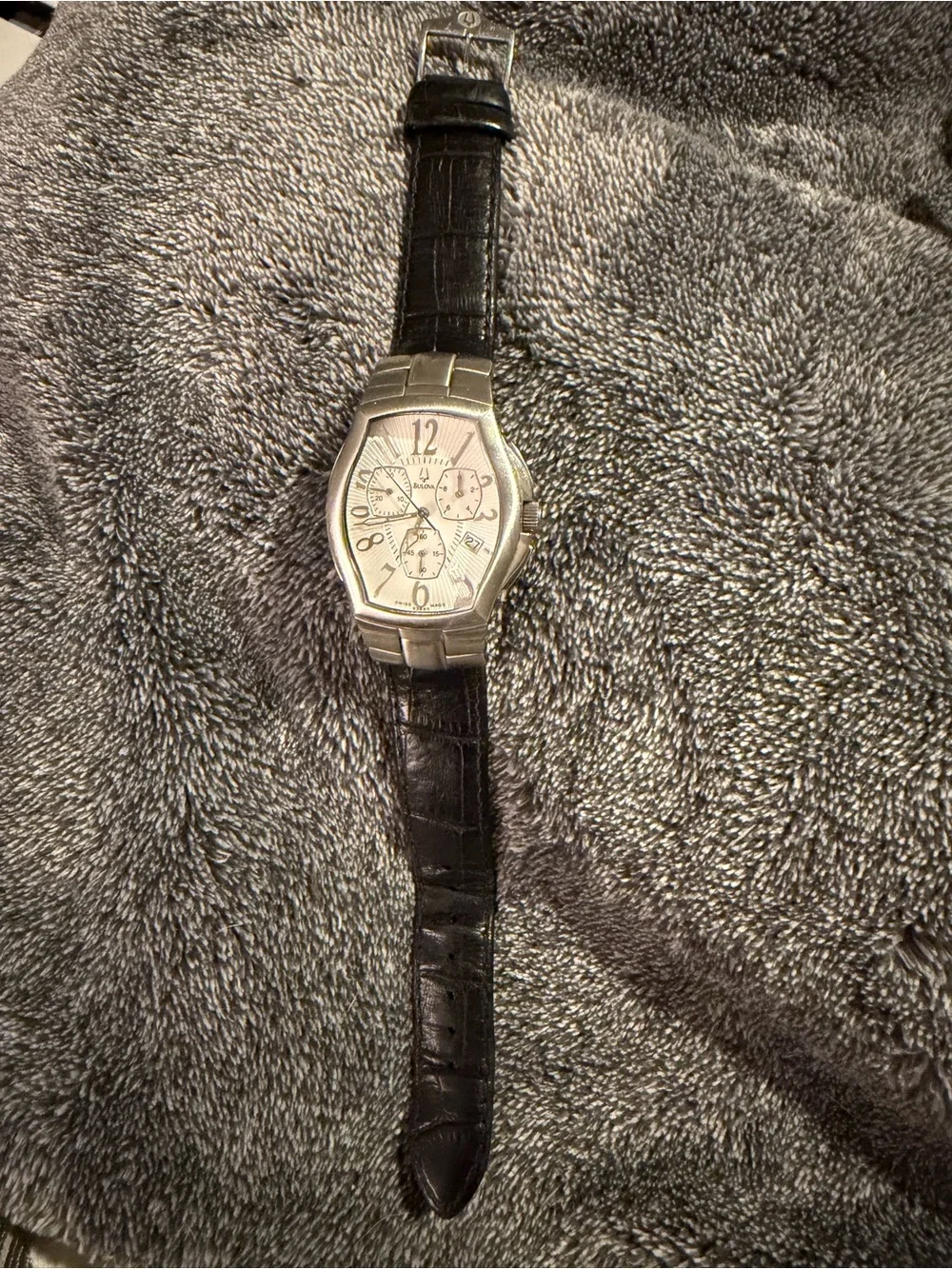 Bulova Silver-Toned Dial Watch with Black Strap